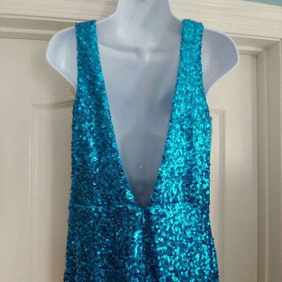 Morgan & Co Aqua Marine Mermaid Prom Formal Sequin Sparkly Gown Mesh Dress 11 - Picture 10 of 14
